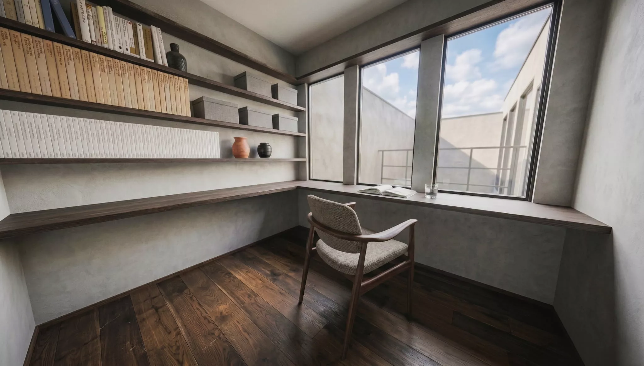 中庭を望む秘密基地のような書斎
