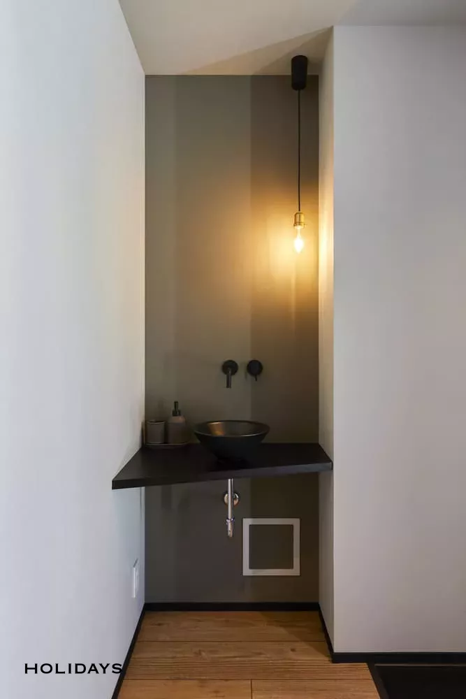 吹き抜けと大開口窓から自然が愉しめるスモーキーカラーの家